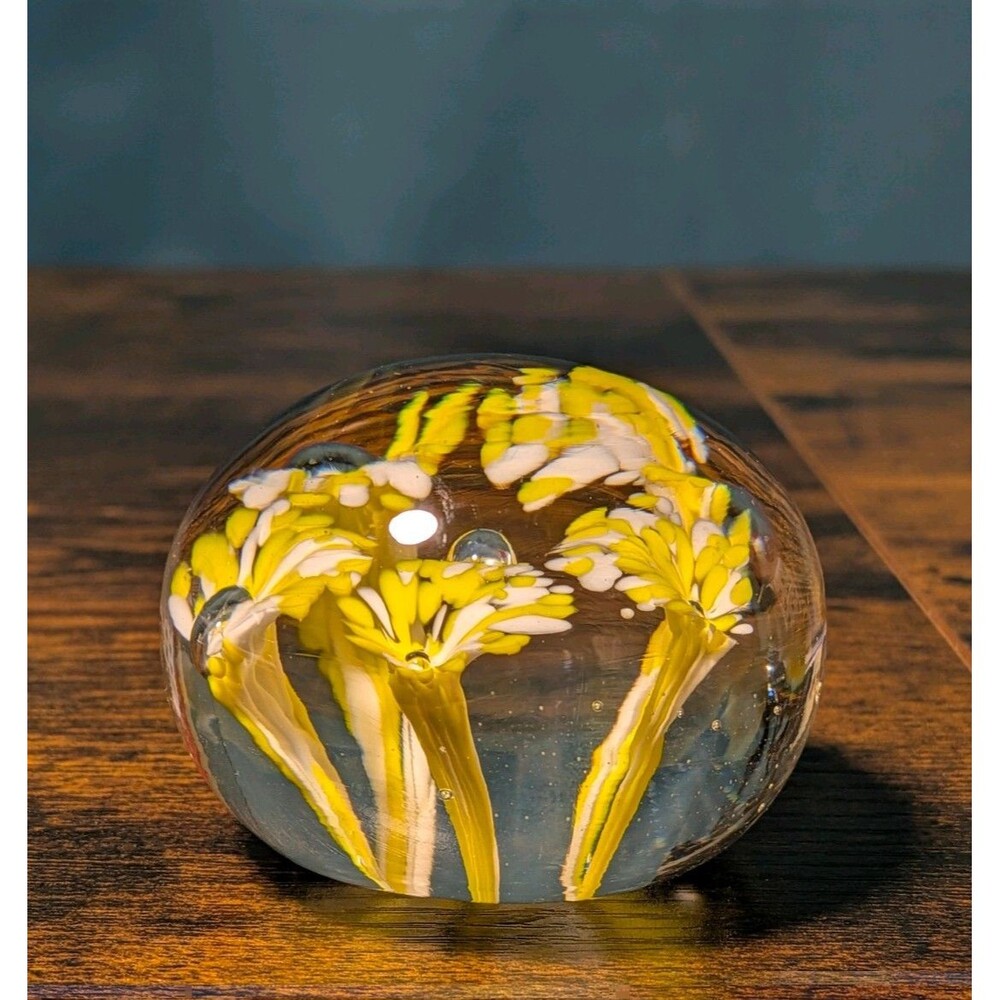 Hand Blown Art Glass Paperweight Yellow Floral Controlled Bubbles Spring Decor